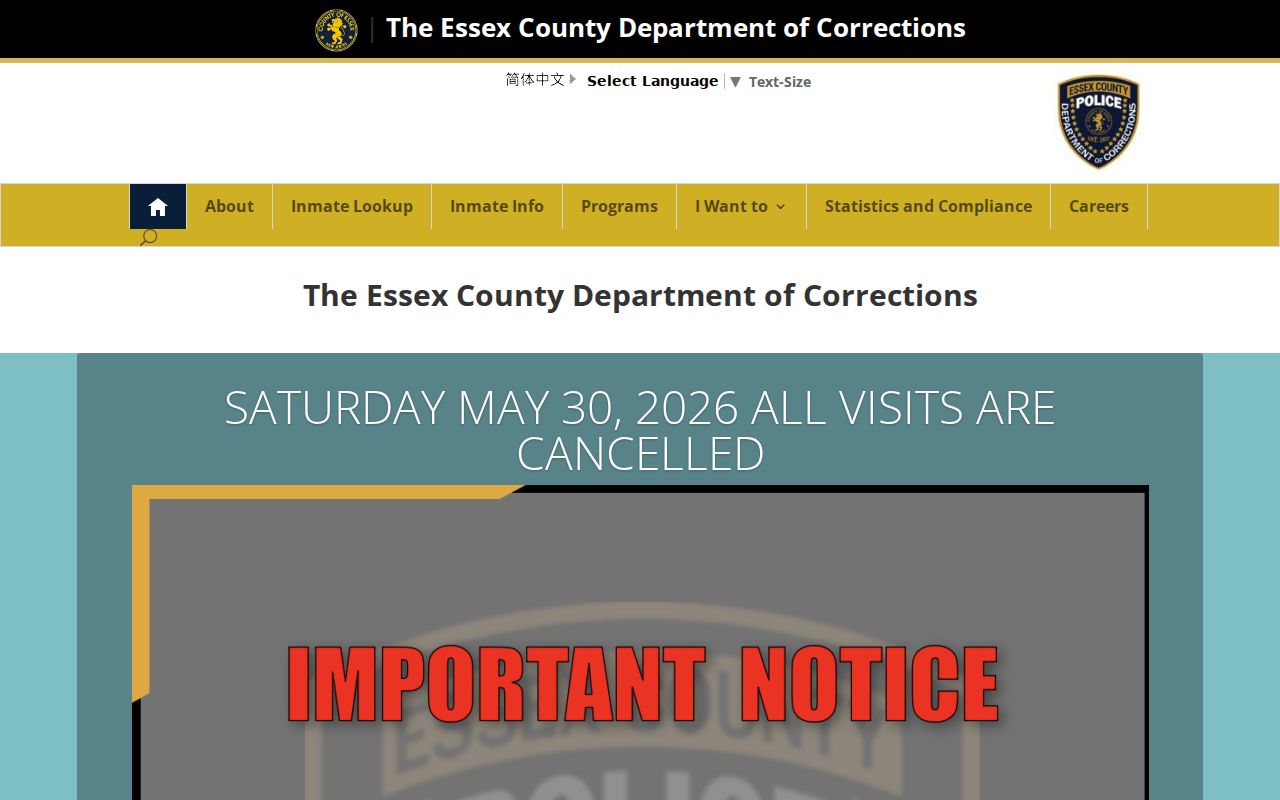 Essex County arrest records and Correctional Facility agency page