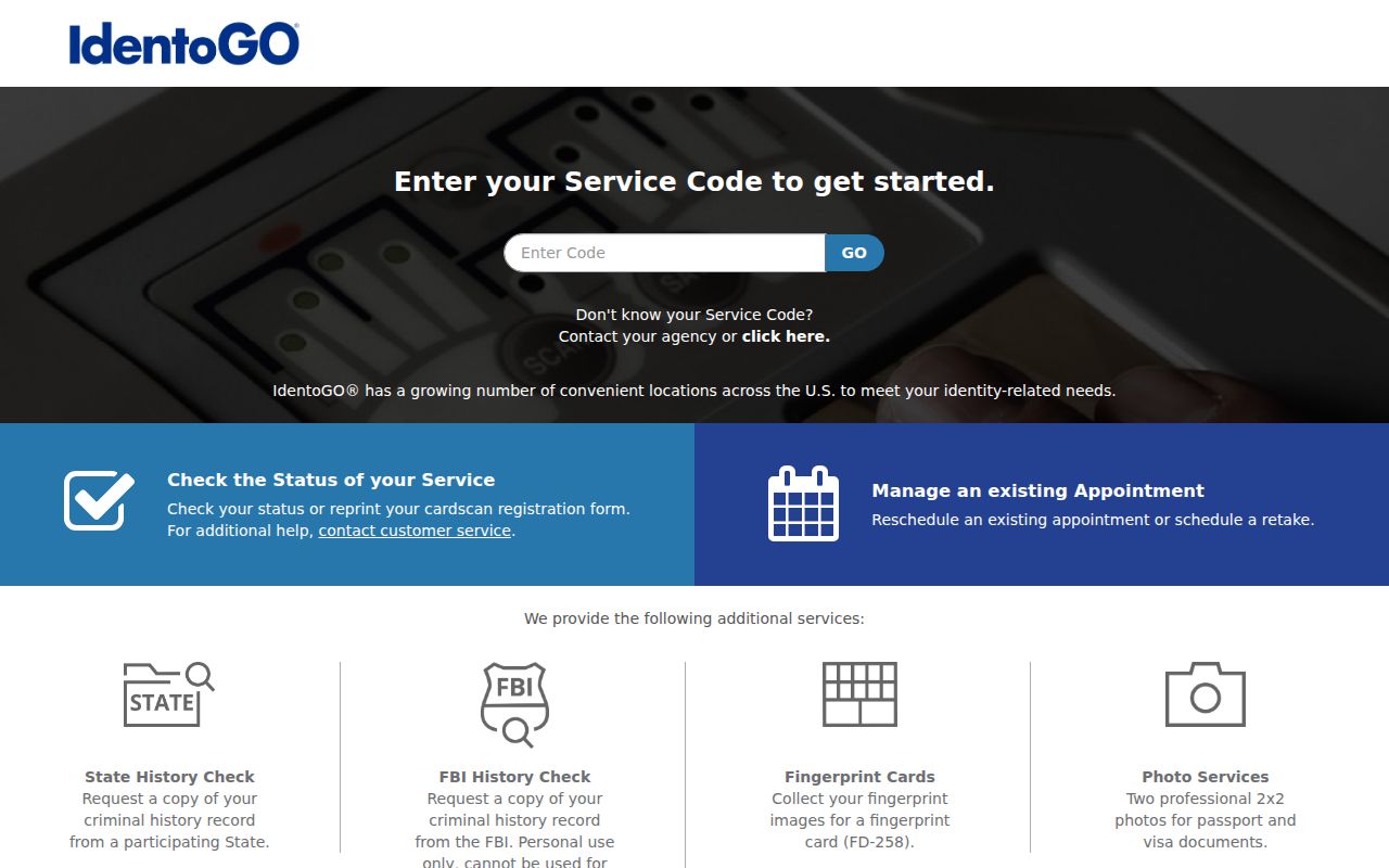 Essex County criminal history IdentoGO fingerprint enrollment screen