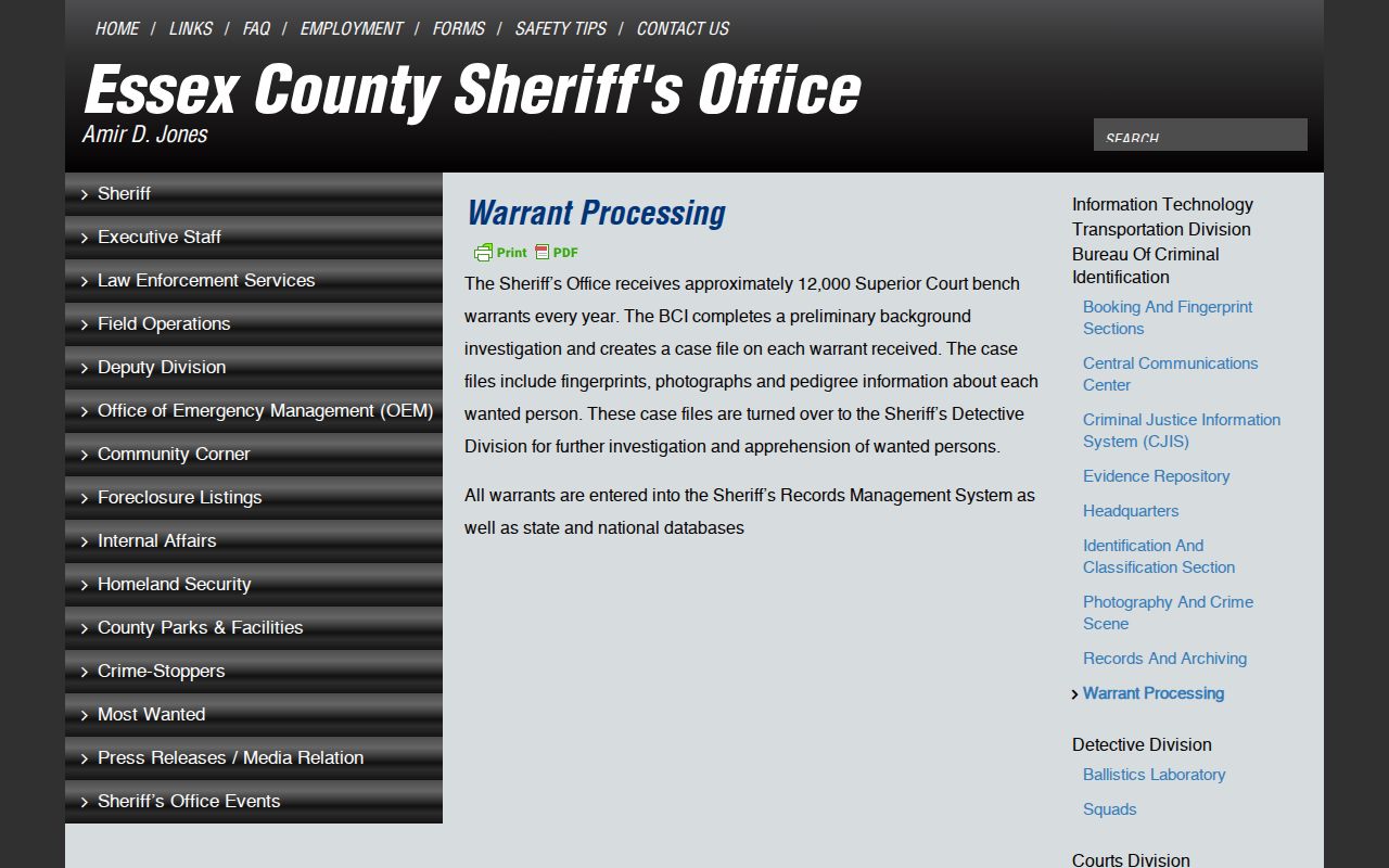 Essex County criminal history BCI warrant processing information