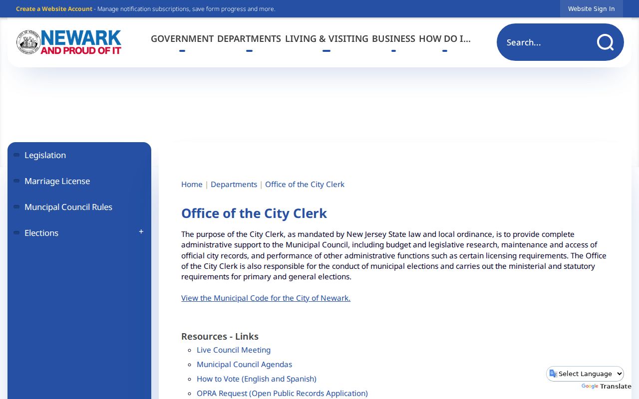 Newark criminal records OPRA request page